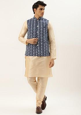 Gold Thread Work Poly Blend Kurta Set For Men