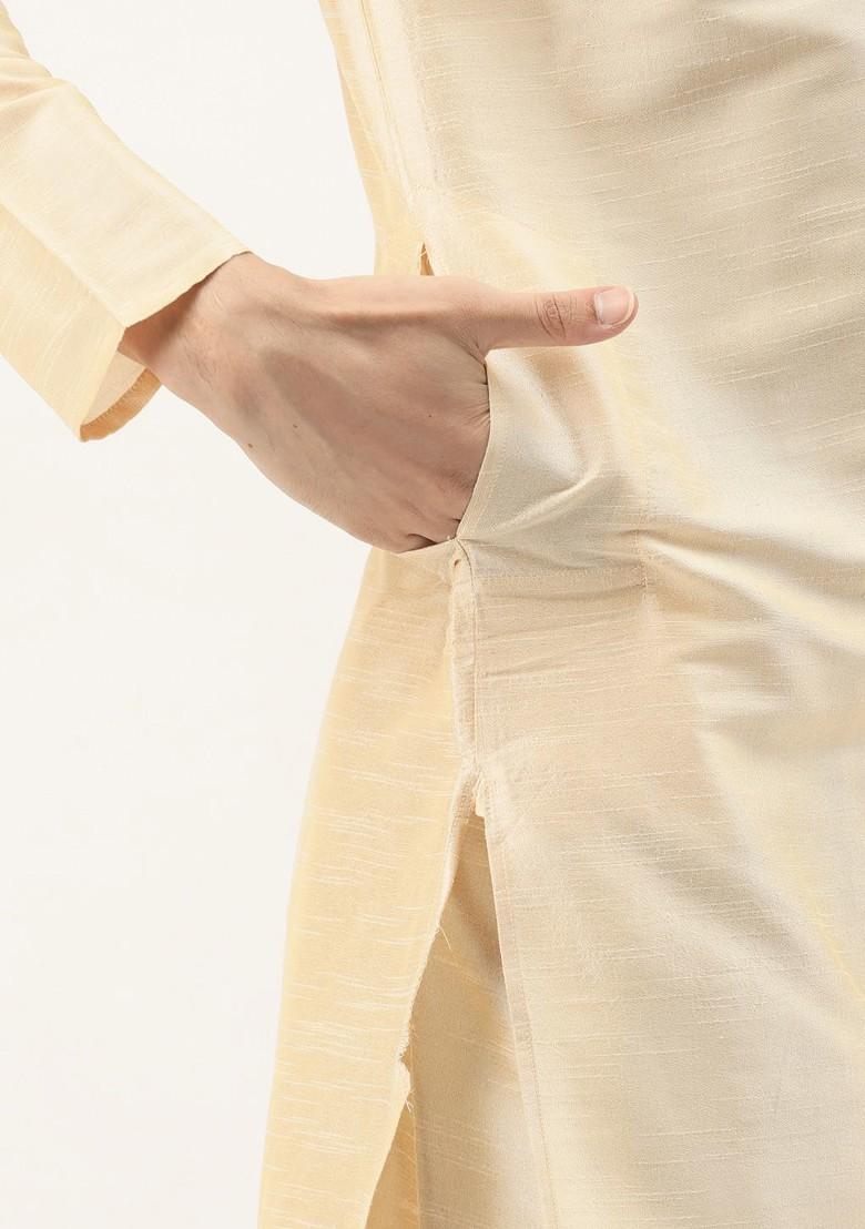 Gold Thread Work Poly Blend Kurta Set For Men