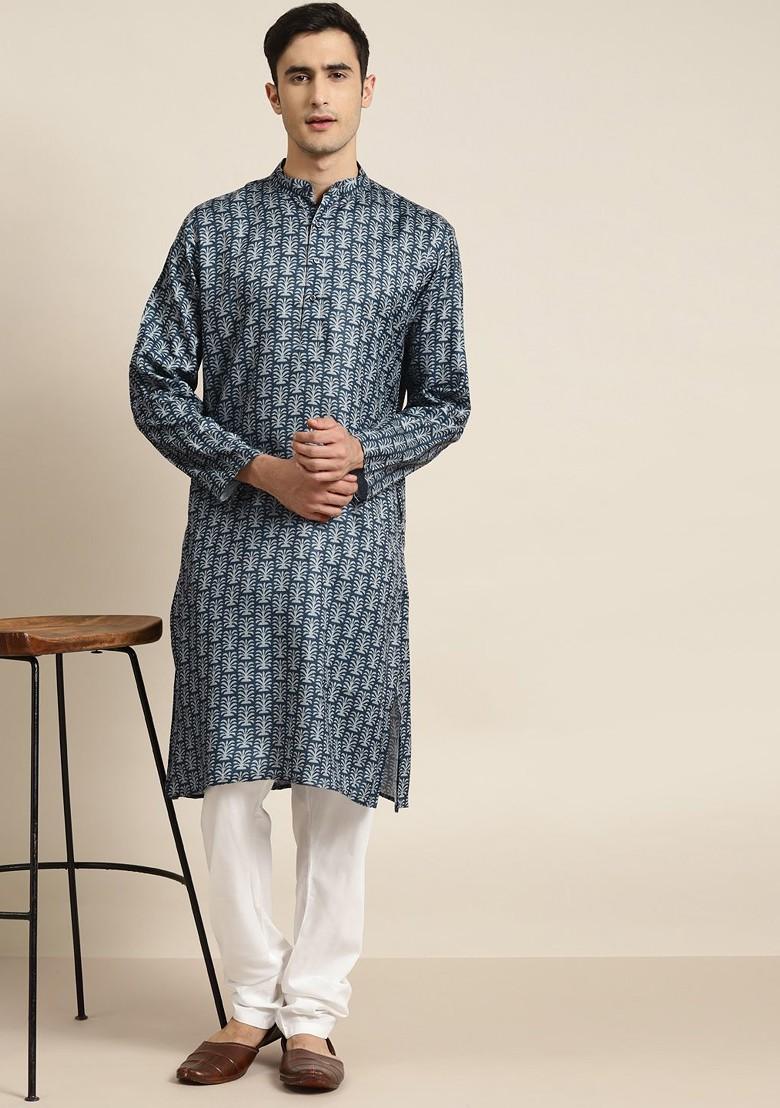 Navy Blue Printed Cotton Kurta Set For Men
