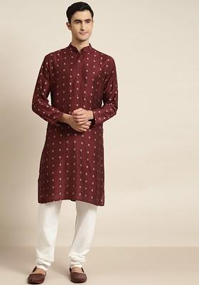 Maroon Solid Jacquard Kurta Set For Men