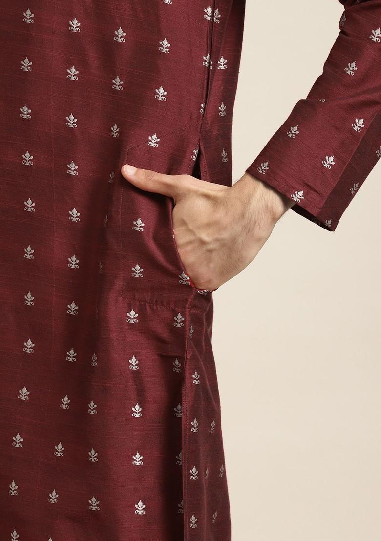 Maroon Solid Jacquard Kurta Set For Men