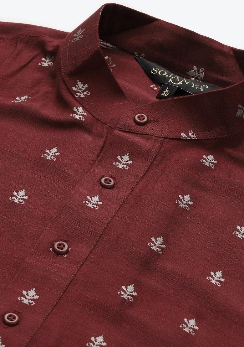 Maroon Solid Jacquard Kurta Set For Men