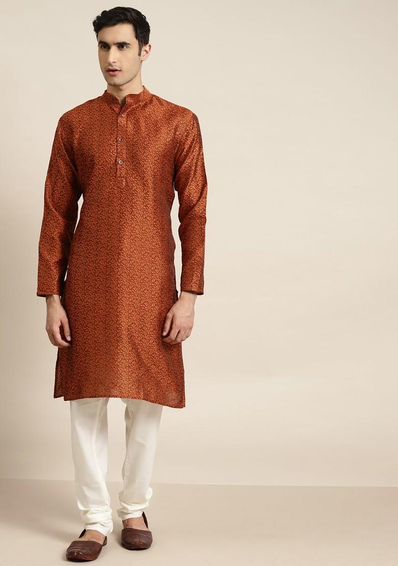 Rust Orange Woven Jacquard Kurta Set For Men