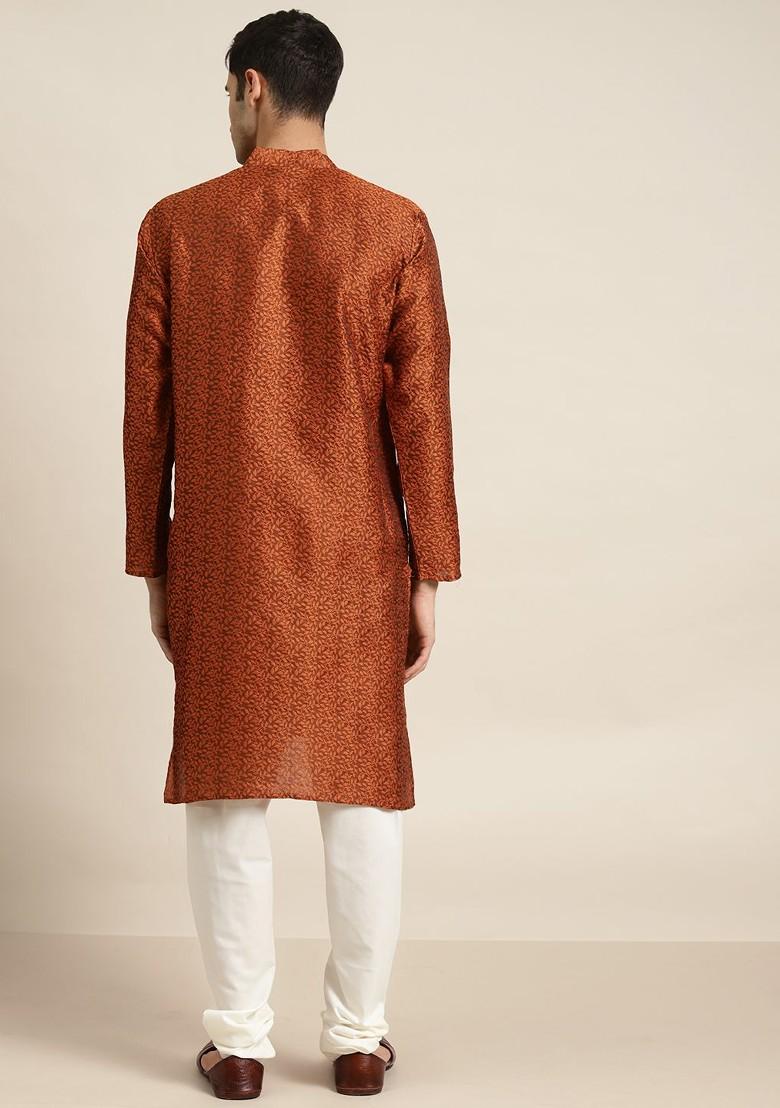Rust Orange Woven Jacquard Kurta Set For Men