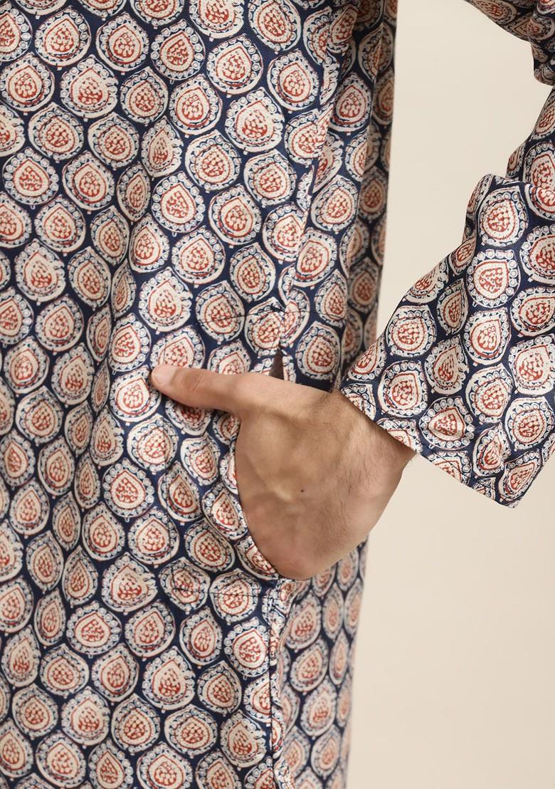 Navy Blue Ethnic Motifs Cotton Kurta Set For Men