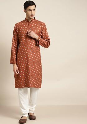 Rust Orange Ethnic Motifs Cotton Kurta Set For Men