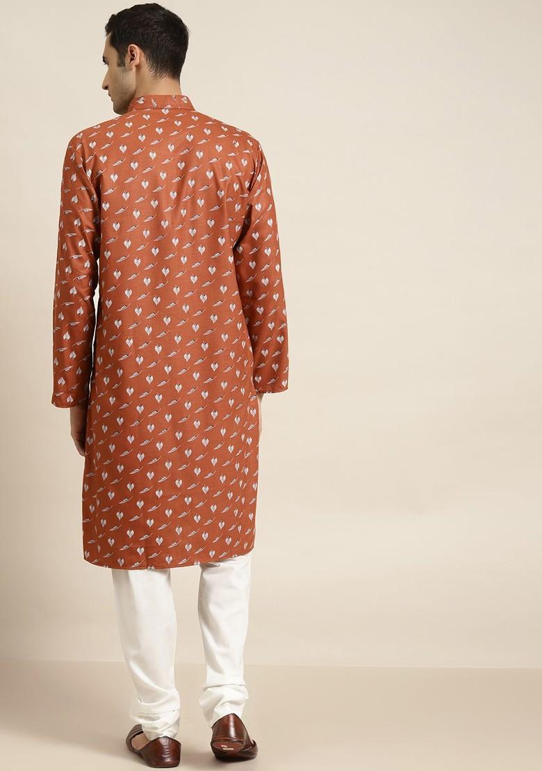 Rust Orange Ethnic Motifs Cotton Kurta Set For Men