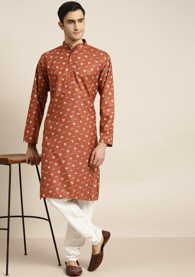 Rust Orange Ethnic Motifs Cotton Kurta Set For Men