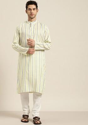 Yellow Striped Cotton Kurta Set For Men