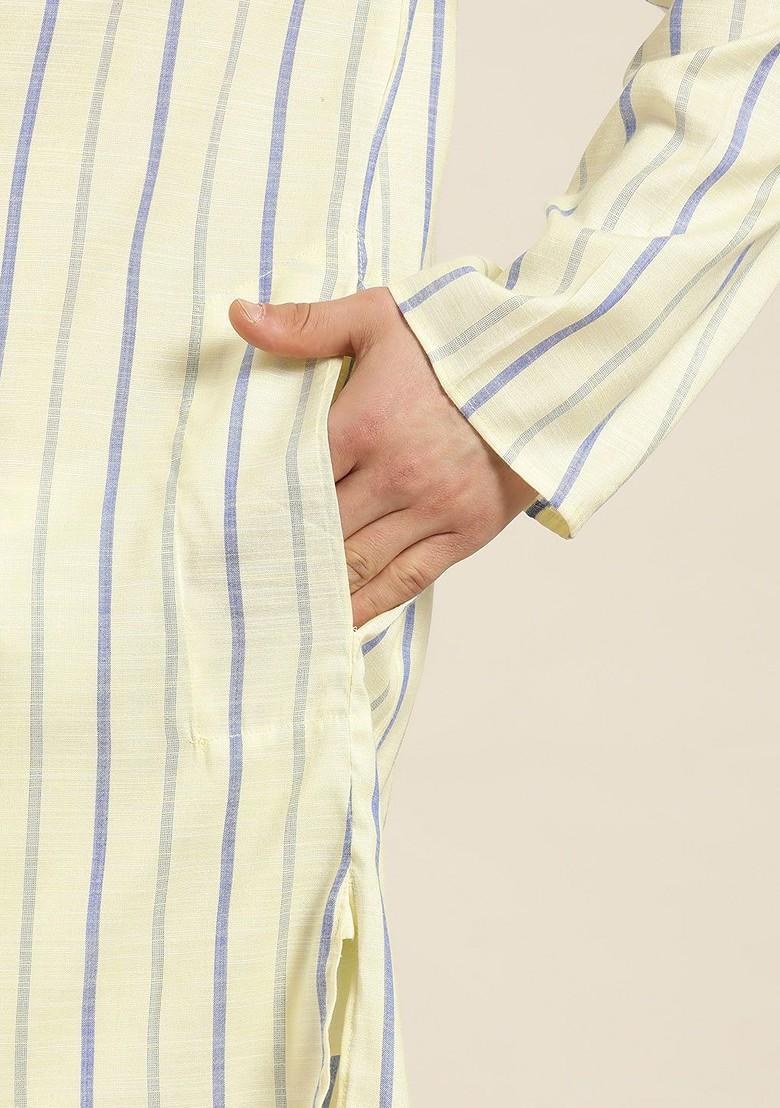 Yellow Striped Cotton Kurta Set For Men