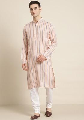 Peach Striped Cotton Kurta Set For Men