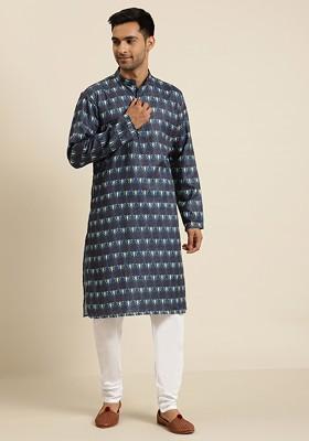 Navy Blue Printed Poly Blend Kurta Set For Men