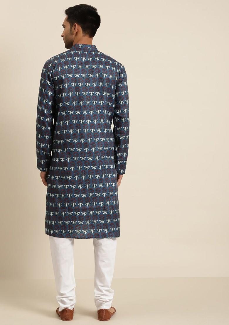 Navy Blue Printed Poly Blend Kurta Set For Men