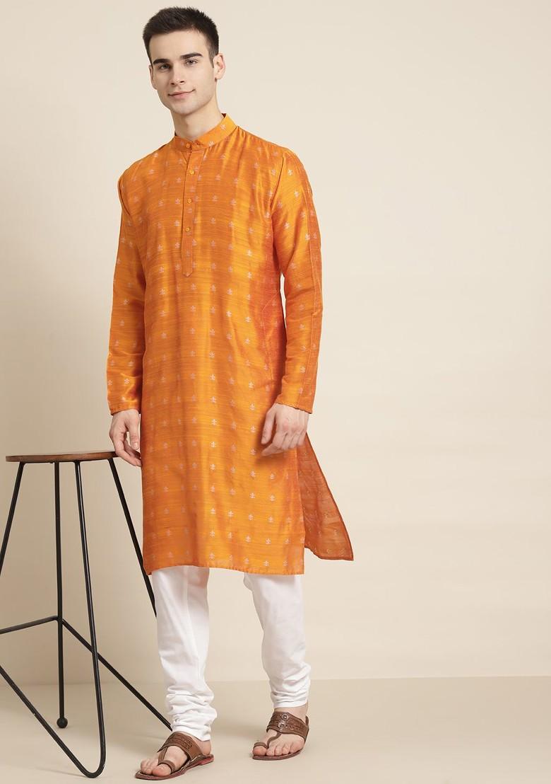 Orange Solid Poly Blend Kurta Set For Men