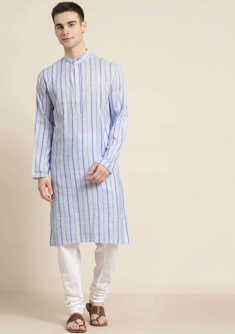 Blue Striped Cotton Kurta Set For Men - Indya