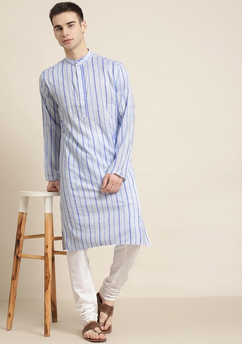 Blue Striped Cotton Kurta Set For Men