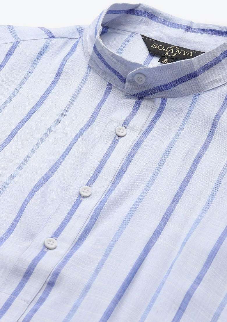 Blue Striped Cotton Kurta Set For Men - Indya