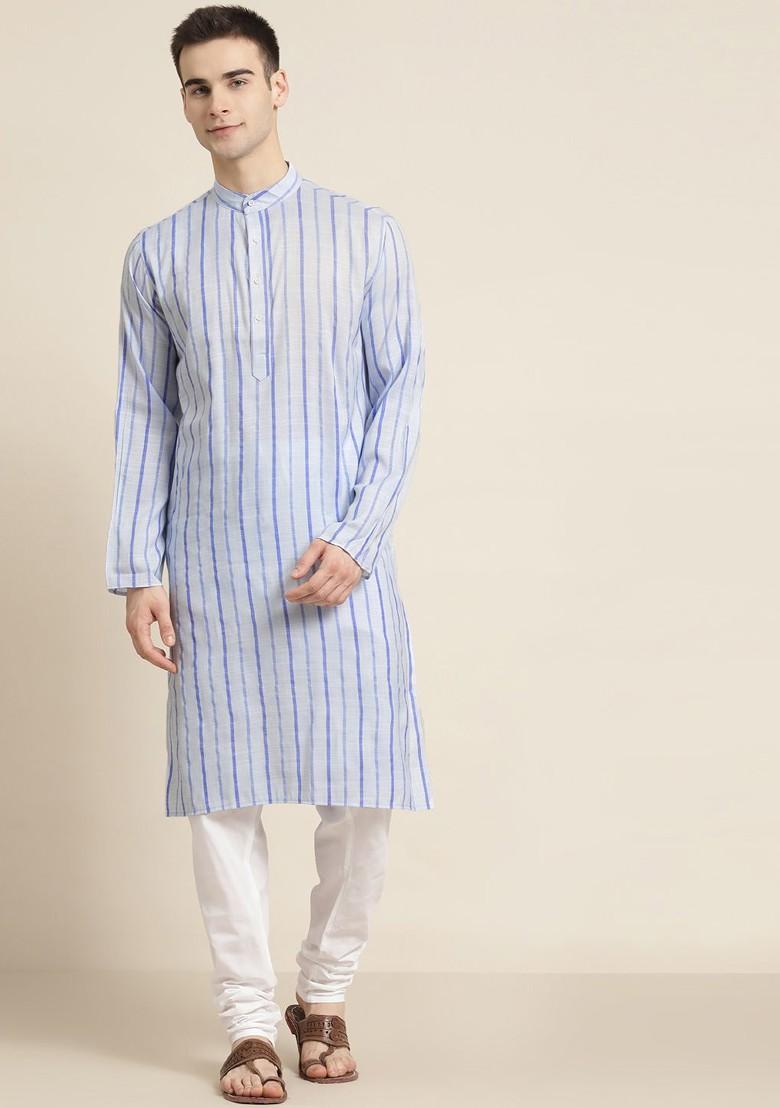 Blue Striped Cotton Kurta Set For Men