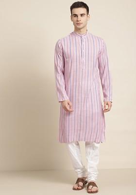 Pink Striped Cotton Kurta Set For Men