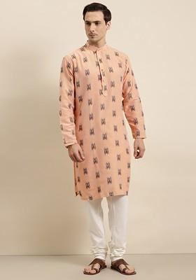 Peach Woven Cotton Kurta Set For Men