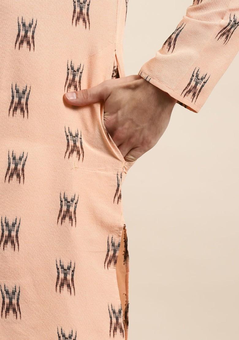 Peach Woven Cotton Kurta Set For Men