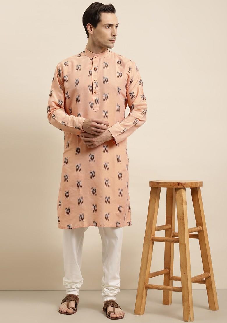 Peach Woven Cotton Kurta Set For Men