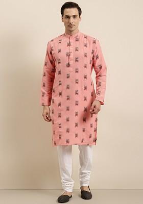 Peach Woven Cotton Kurta Set For Men
