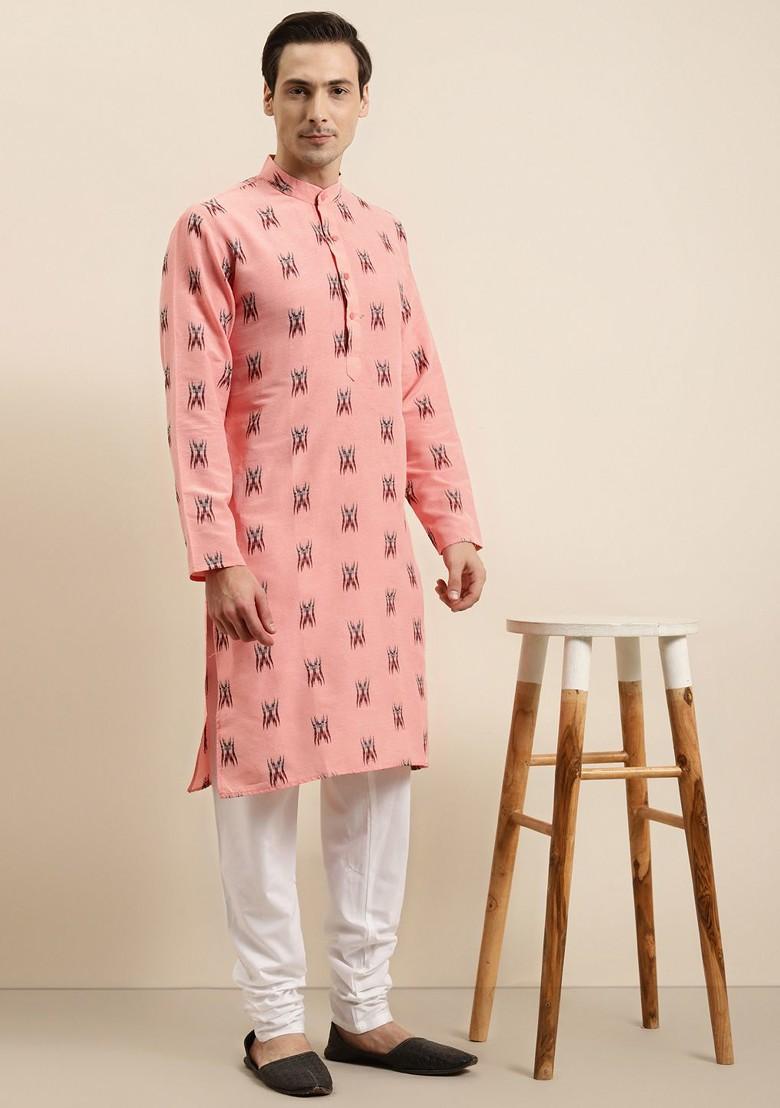 Peach Woven Cotton Kurta Set For Men