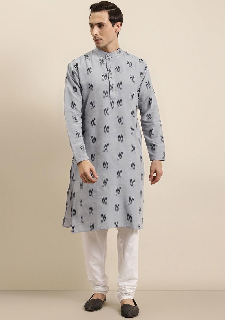 Grey Woven Cotton Kurta Set For Men