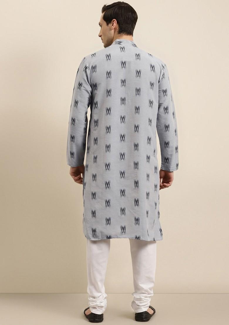 Grey Woven Cotton Kurta Set For Men