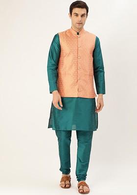 Teal Blue Solid Poly Blend Kurta Set For Men