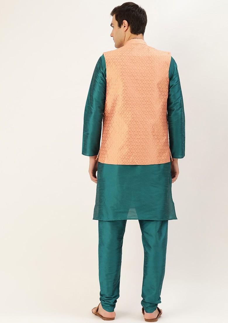 Teal Blue Solid Poly Blend Kurta Set For Men