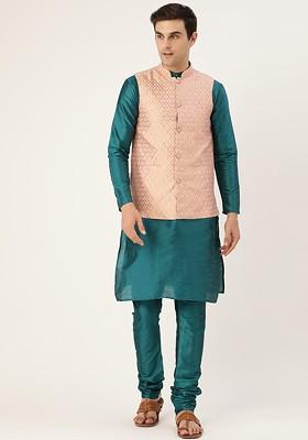 Teal Blue Solid Poly Blend Kurta Set For Men