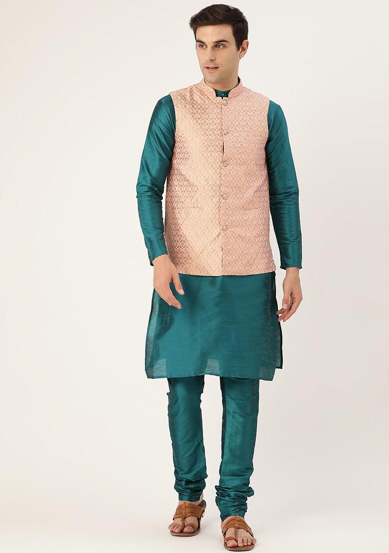 Teal Blue Solid Poly Blend Kurta Set For Men