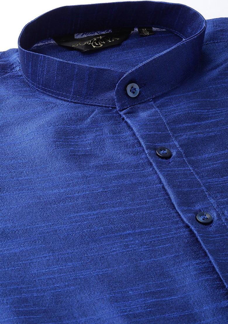 Blue Solid Poly Blend Kurta Set For Men