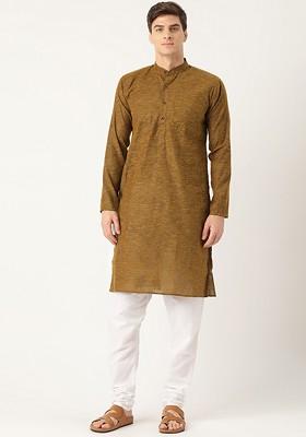 Mustard Striped Poly Blend Kurta Set For Men