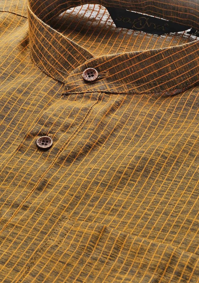 Mustard Striped Poly Blend Kurta Set For Men