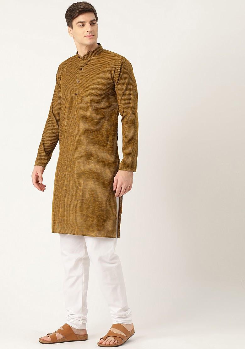 Mustard Striped Poly Blend Kurta Set For Men