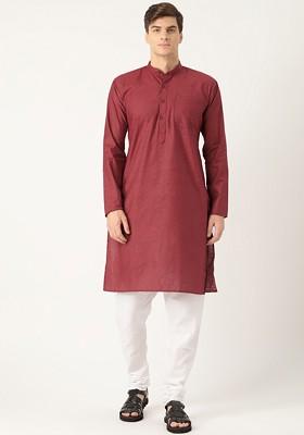 Maroon Striped Poly Blend Kurta Set For Men