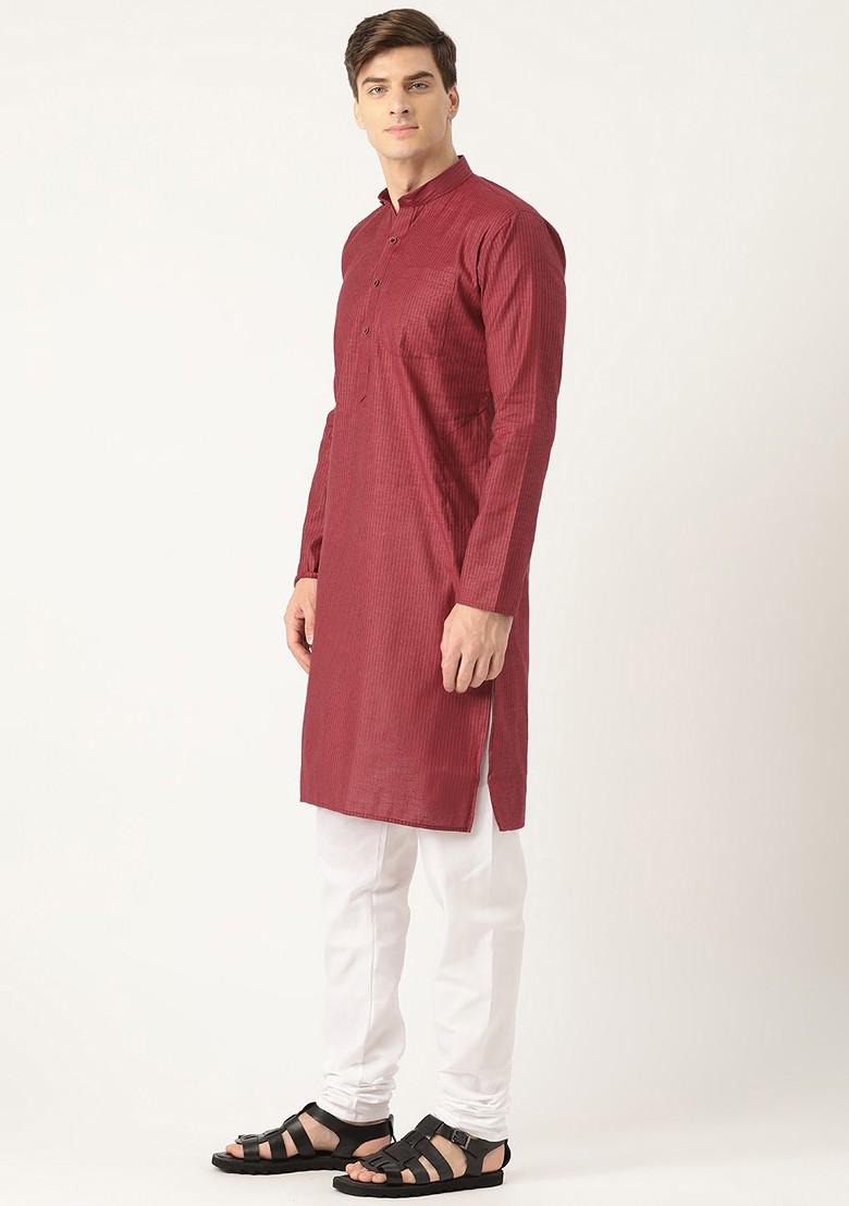 Maroon Striped Poly Blend Kurta Set For Men