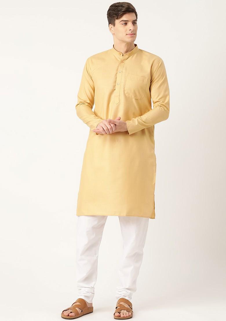 Beige Solid Poly Blend Kurta Set For Men