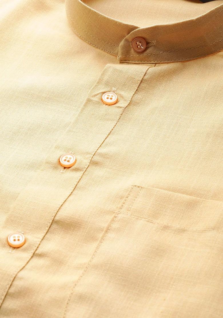 Beige Solid Poly Blend Kurta Set For Men