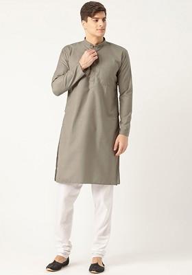 Taupe Brown Solid Poly Blend Kurta Set For Men
