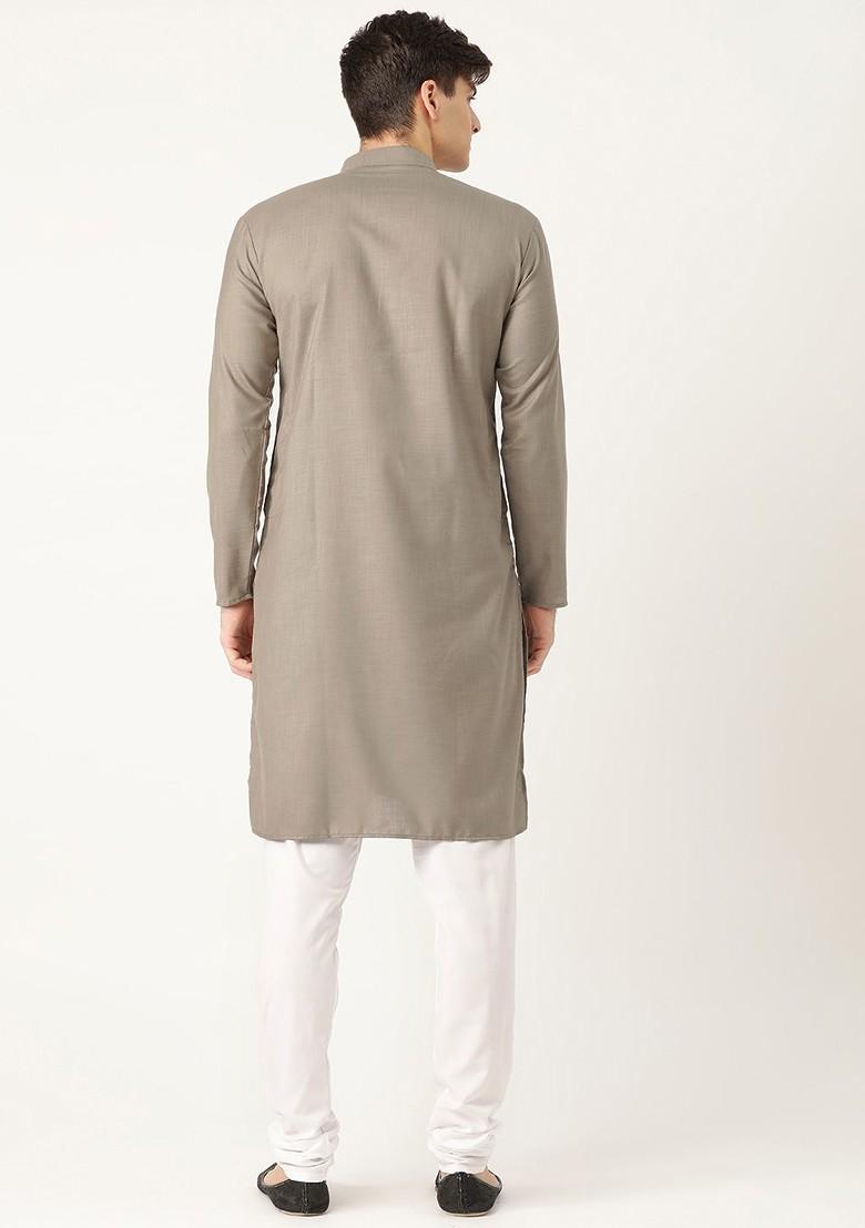 Taupe Brown Solid Poly Blend Kurta Set For Men