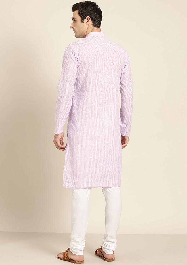 Lavender Striped Poly Blend Kurta Set For Men