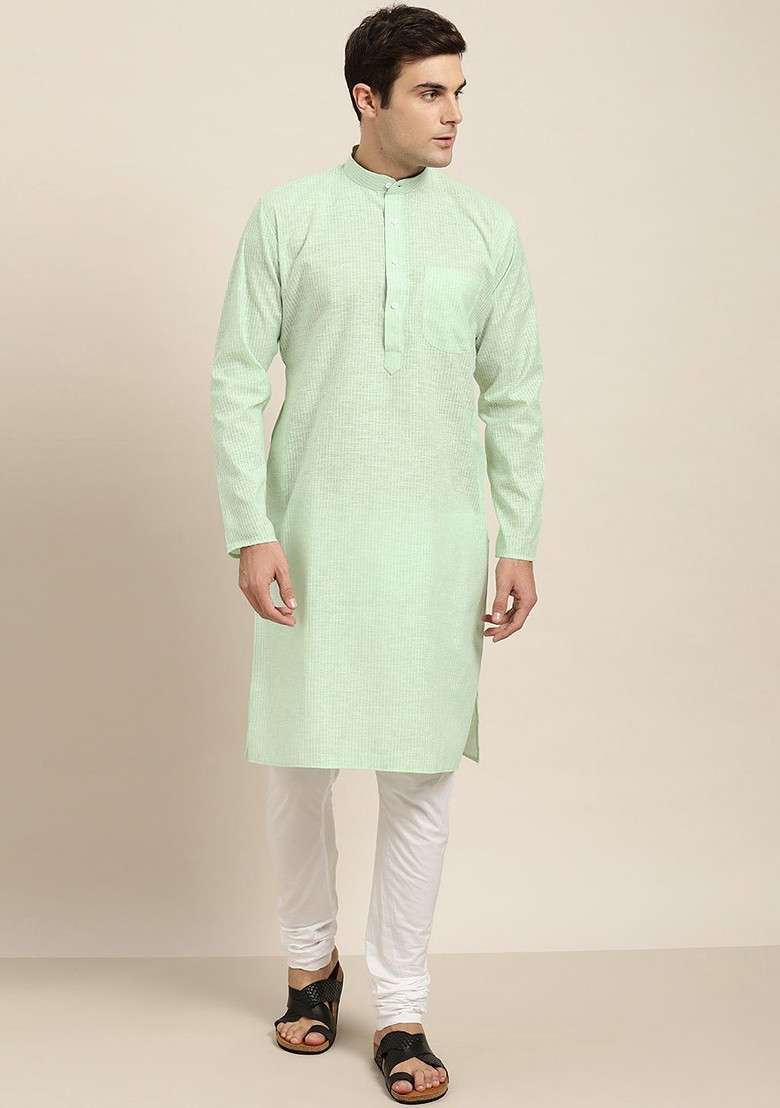 Green Striped Poly Blend Kurta Set For Men - Indya