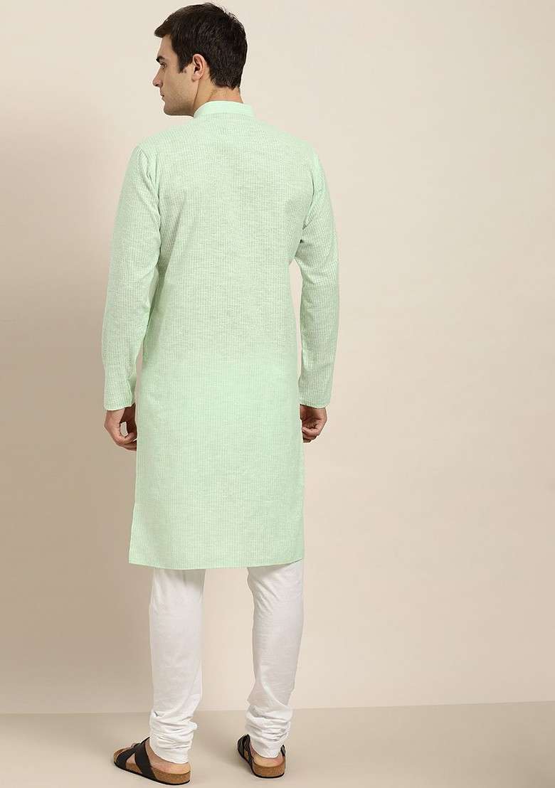 Green Striped Poly Blend Kurta Set For Men - Indya
