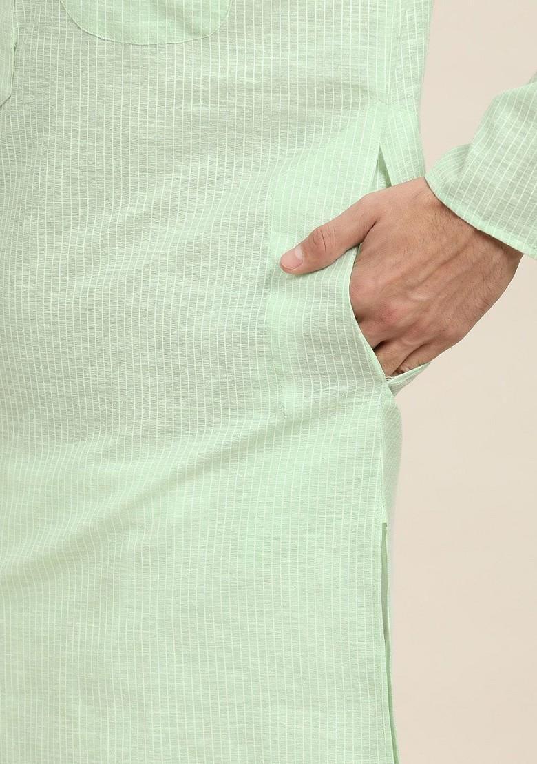 Green Striped Poly Blend Kurta Set For Men
