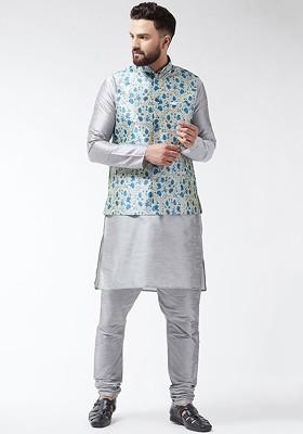 Grey Printed Poly Blend Kurta Set For Men