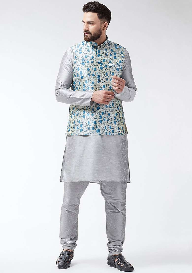 Grey Printed Poly Blend Kurta Set For Men - Indya